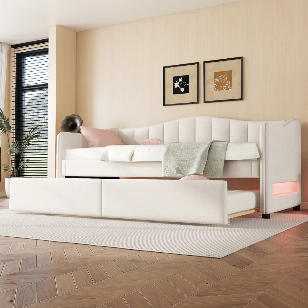 OKWISH Letto a Scomparsa 90×200 cm, Letto Singolo con Letto Estraibile, LED Regolabile e Luce d’Atmosfera, senza Materasso, Lino, Beige