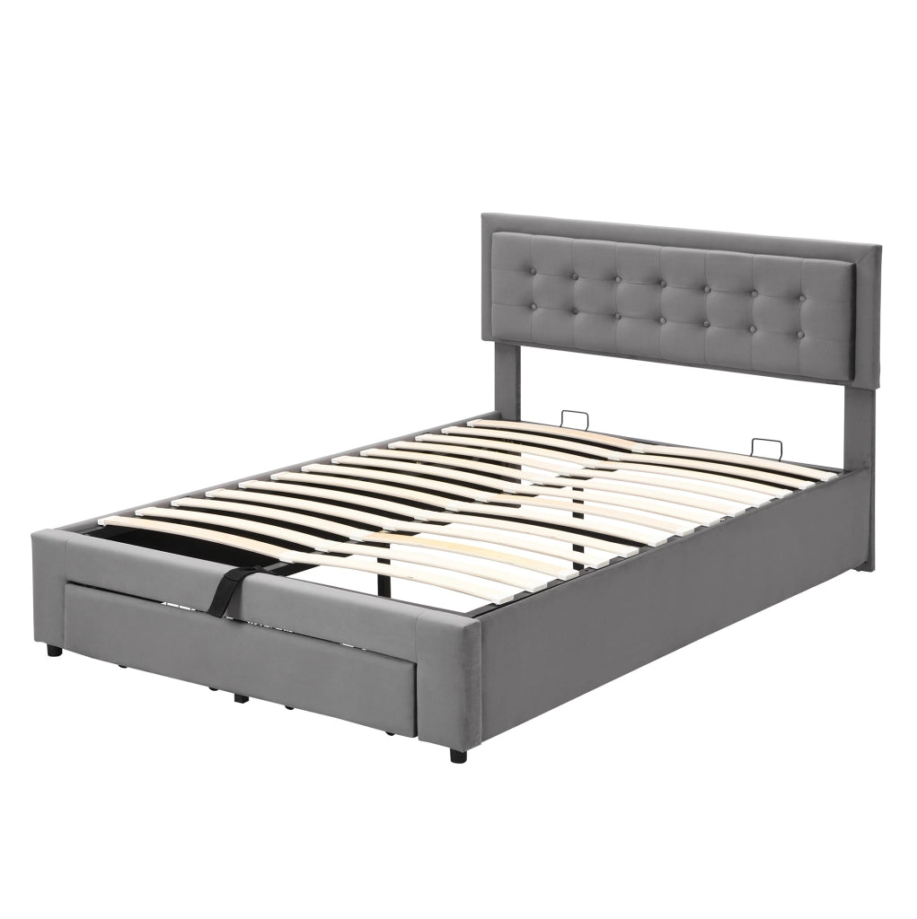Letto matrimoniale imbottito 140x190 cm in velluto grigio con contenitore e testiera regolabile