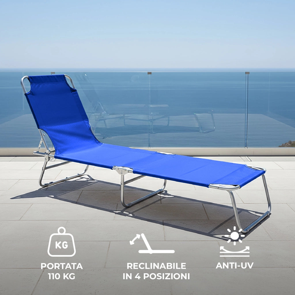 Coppia Lettini Prendisole Pieghevoli in Metallo  Reclinabili 4 Posizioni, Waterproof e Anti-UV, Portata 110 kg, Ideali per Mare Giardino Piscina Blu