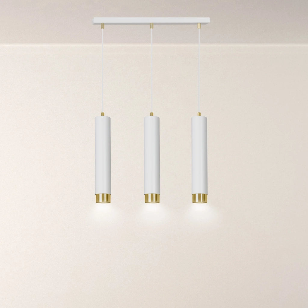 Lampadario 3 Luci Brunilde In Acciaio Bianco E Tubolari In Bianco E Oro