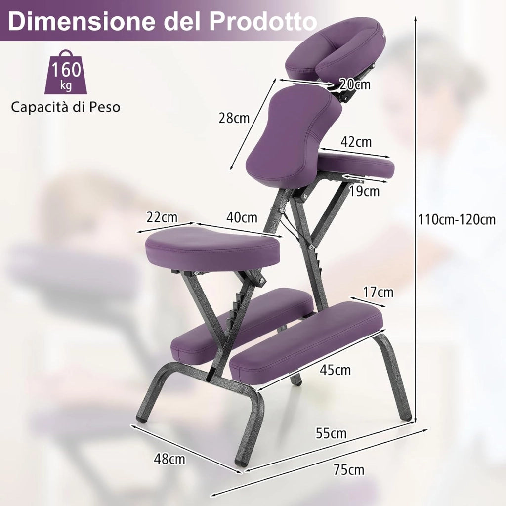 Sedia da Massaggio Pieghevole e Leggera, per Viaggi Tatuaggi e SPA, Sedia da Massaggio con Altezza Regolabile con Poggiatesta e Borsa da Trasporto (Viola)