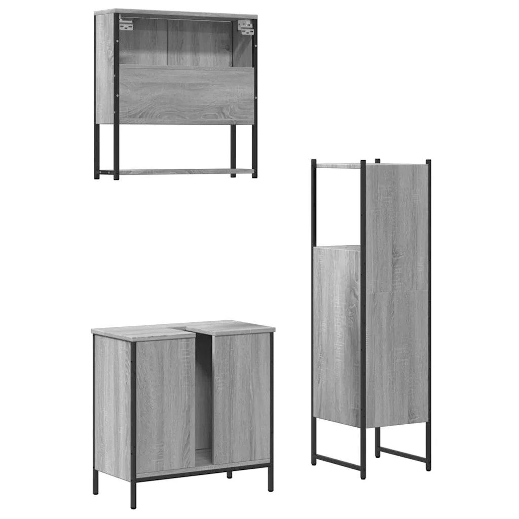 Set Mobili da Bagno | Armadio da bagno 3 pz Grigio Sonoma in Legno Multistrato
