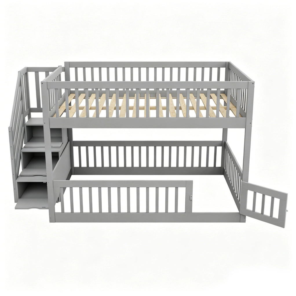 Letto a castello 140x200 cm con scala contenitore e letto inferiore apribile in legno grigio