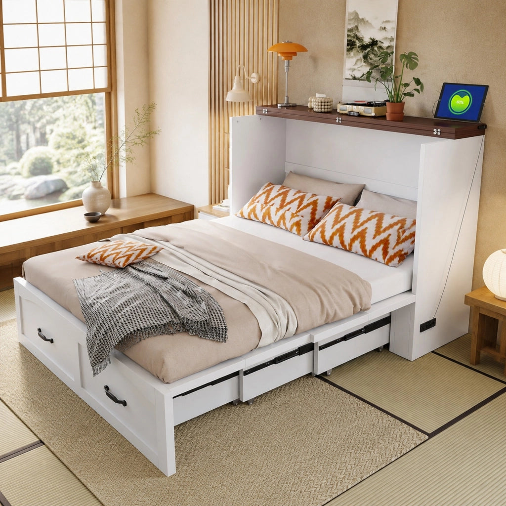 Letto a Scomparsa 140x200 cm; con Presa UE e Ruote Silenziose - in Legno e Metallo - Bianco
