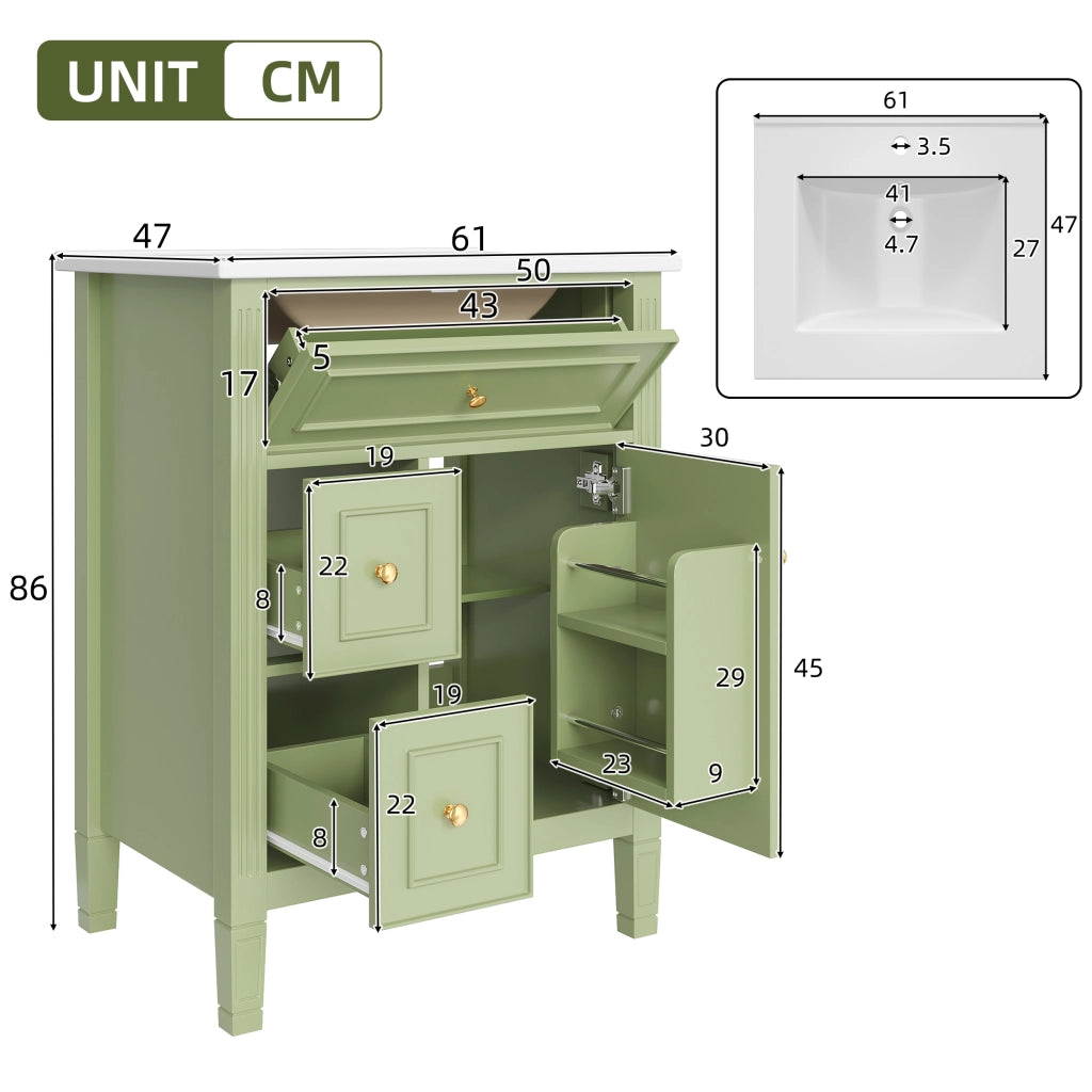 Mobile bagno con 1 anta; 3 cassetti e lavabo in ceramica; soft close; per bagno; 61×47×86 cm; verde