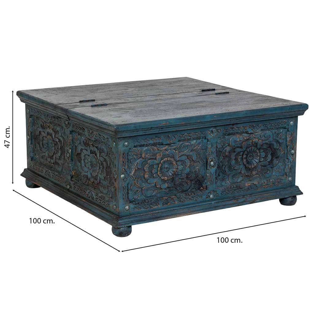 Tavolino artigianale in legno blu 100x100x47h cm