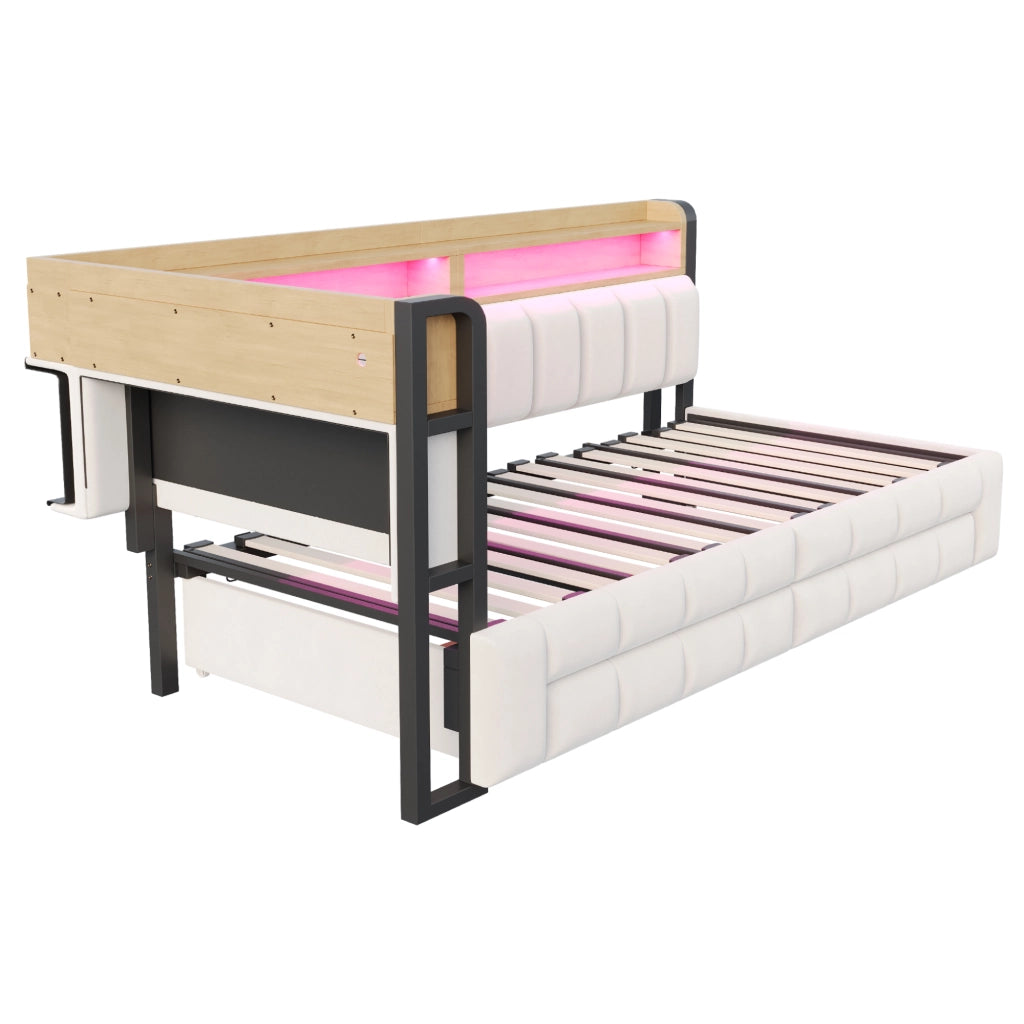 Letto a Divanetto 90x200 cm; USB e Type-C; LED Regolabile; 2 Cassetti; in Velluto; Beige