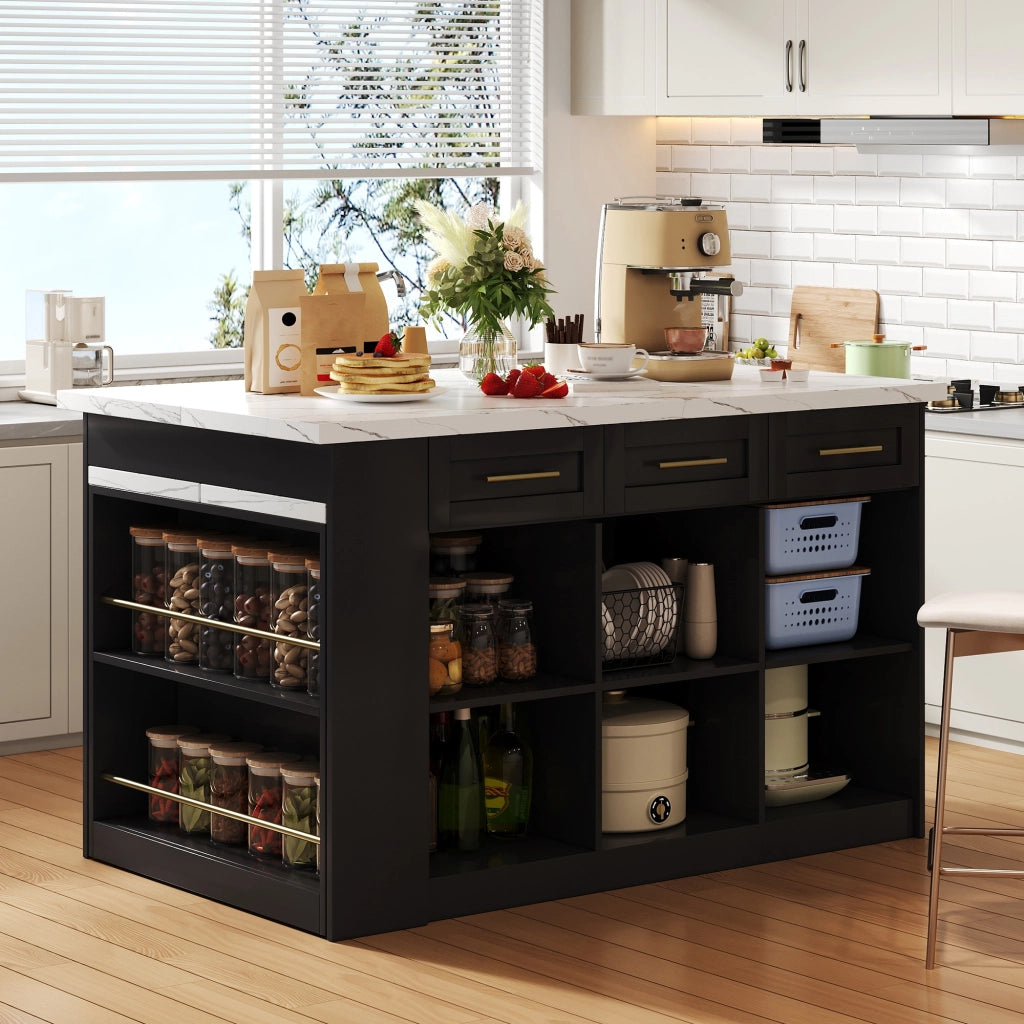 Isola da cucina moderna con tavolo estraibile 150x90x90 cm, finitura effetto marmo bianco, colore nero