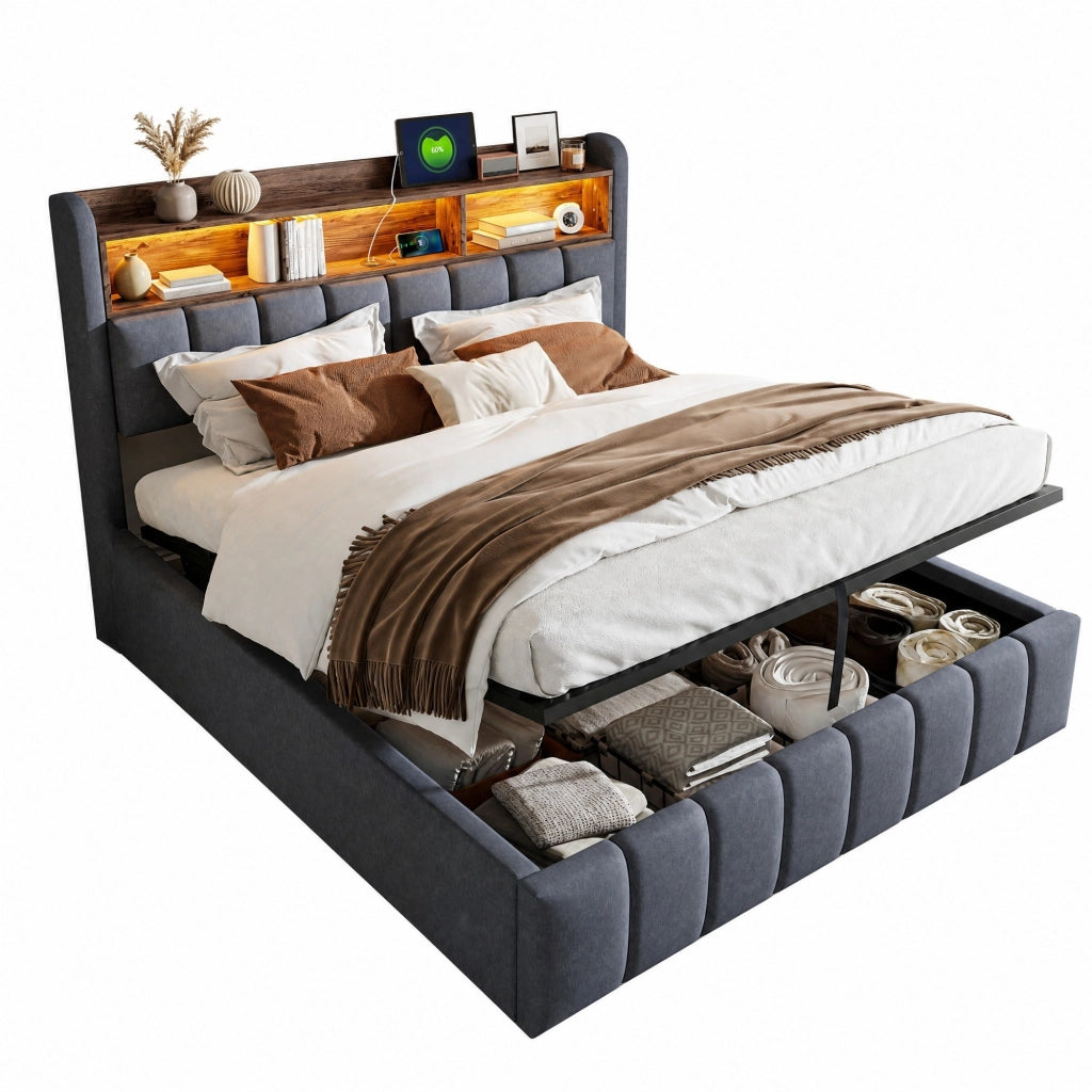 Letto matrimoniale imbottito 180x200 cm grigio con LED; USB e contenitore idraulico