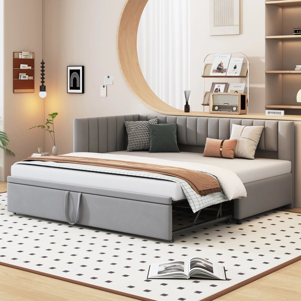 Divano letto a L con letto estraibile velluto grigio 90x200 cm