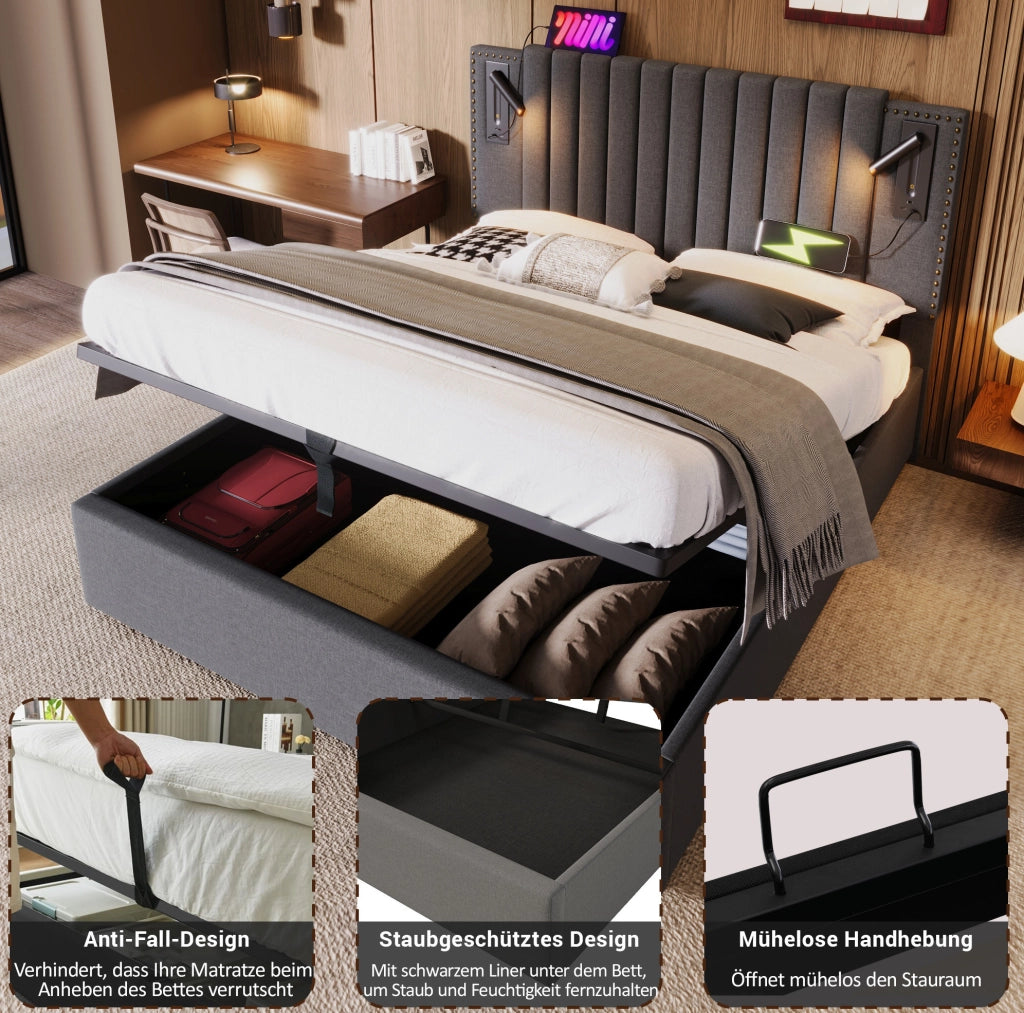 Letto contenitore 140x200 cm con rete a doghe; luci da lettura e USB/Type-C; cotone grigio