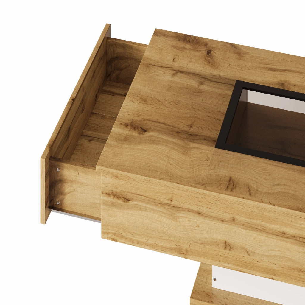 Tavolino da Caffè con 2 Cassetti e LED Regolabile; Piano in Vetro; Stile Moderno; in Pannello di Particelle; 110;2×60×39;7 cm; Naturale