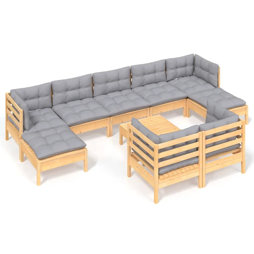 Set Divani da Giardino 10 pz con Cuscini Grigi Massello di Pino 3097132