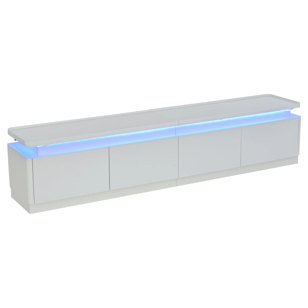 Mobile porta TV con LED, 4 cassetti e finitura lucida, per soggiorno, in truciolato bianco, 180 × 34 × 40 cm
