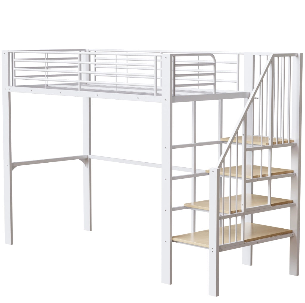 Letto a soppalco 90x200 cm in metallo e legno; con scala e spazio contenitore; bianco