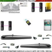 Kit BOB21M Automatismo Cancello 4,2 Metri 2 Ante Motori Vite Rullata 230 V Corsa 325 mm Spinta 1800 Nm Sblocco a Chive Staffe Fissaggio Radiocomando 2 Coppie Fotocellule Lampeggiante Led con Antenna