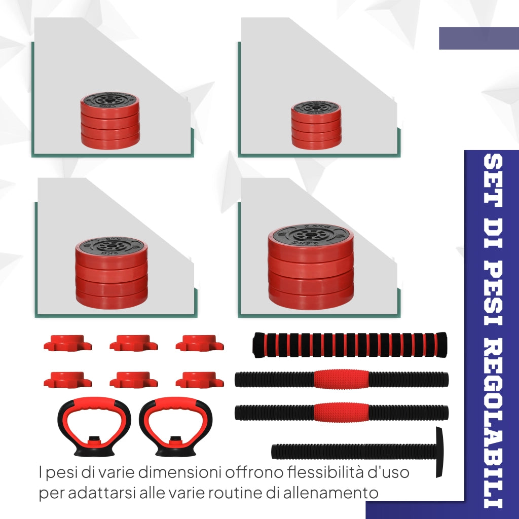 Set Pesi da Palestra 4 in 1 da 30kg, Convertibile in Kettlebell, 2 Manubri, Bilanciere e Supporto Flessioni, Rosso