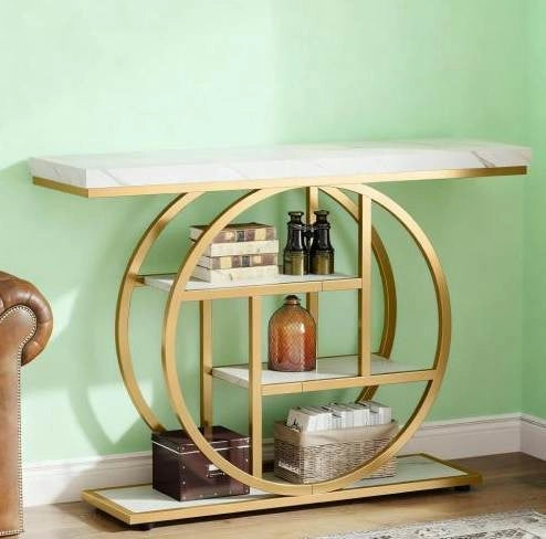 Tavolo consolle industriale a 4 livelli 105x30x80 cm in metallo e legno bianco e oro