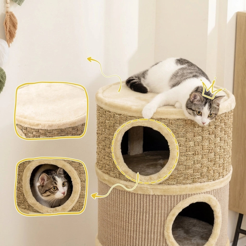 Tiragraffi a Botte a Tre Piani in Peluche e Sisal per Gatti Grandi; Ø45x79 cm; Cachi e Marrone