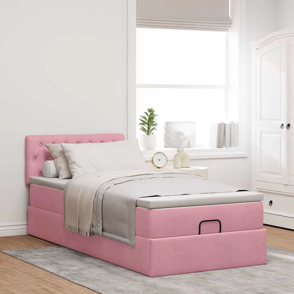 Struttura Letto Pouf con Materasso Rosa 90x190 cm in Velluto 3311818