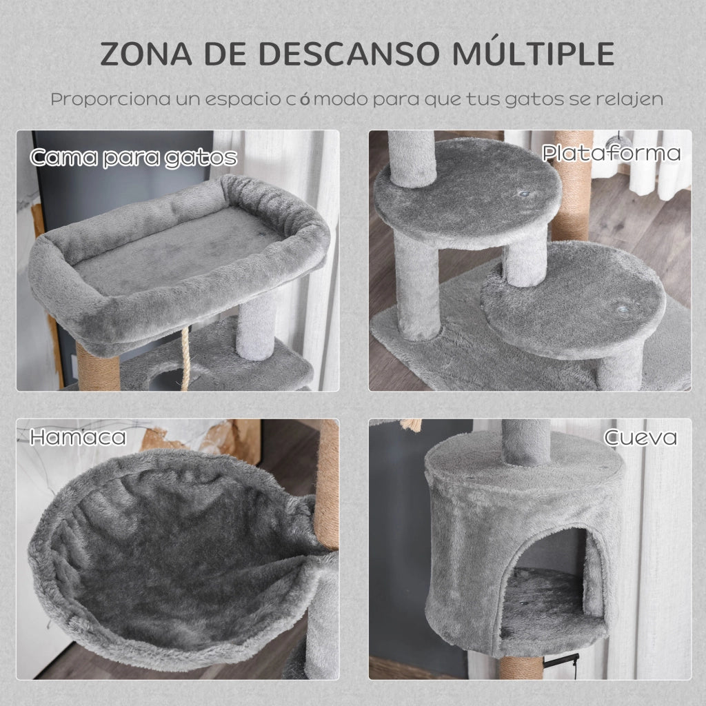Albero tiragraffi per gatti con piattaforme, amaca e tana ¨C zephmum ¨C grigio 48x48x120 cm