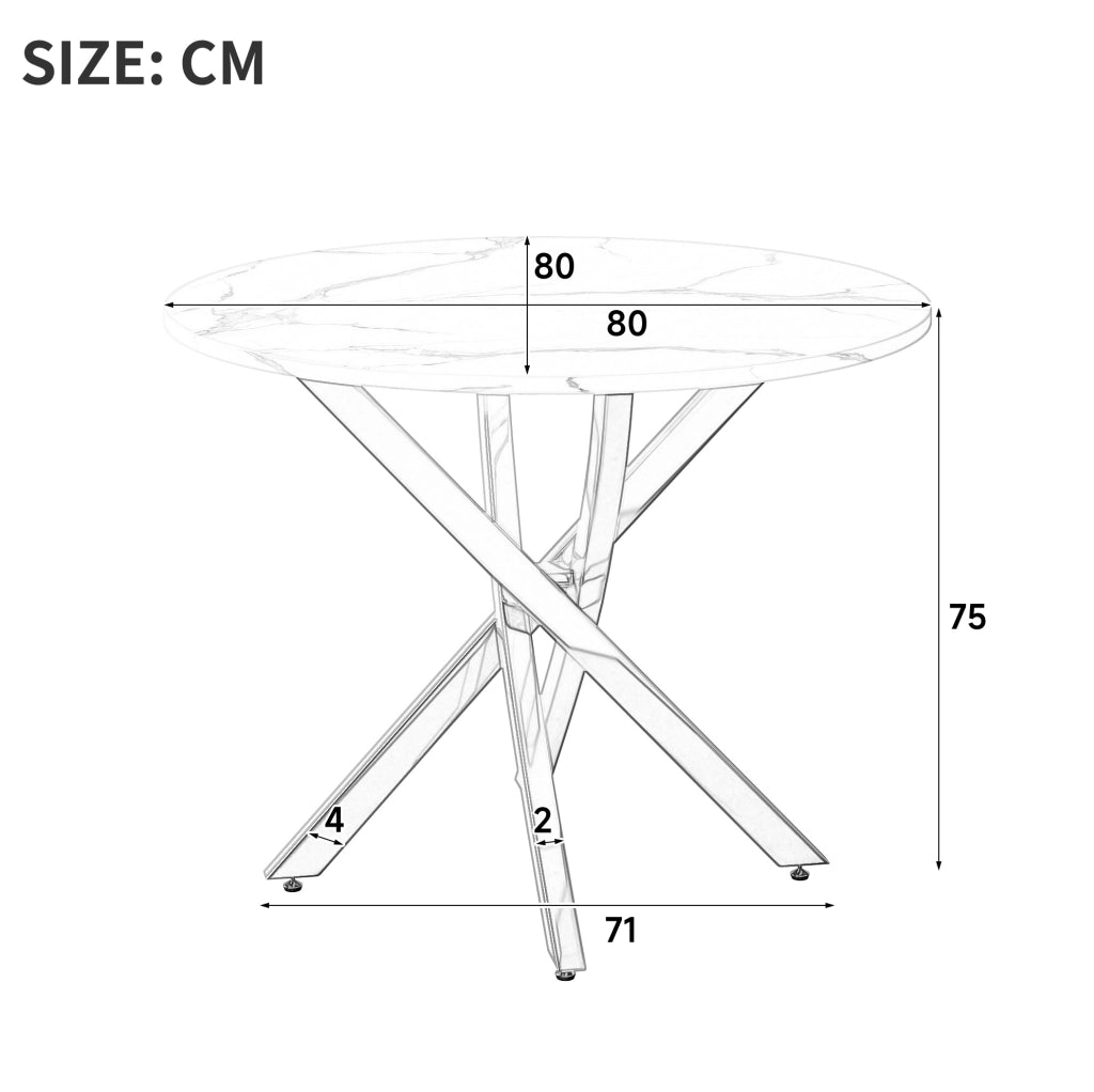 Tavolo rotondo 80 cm in MDF effetto marmo; gambe cromate argento; bianco e argento