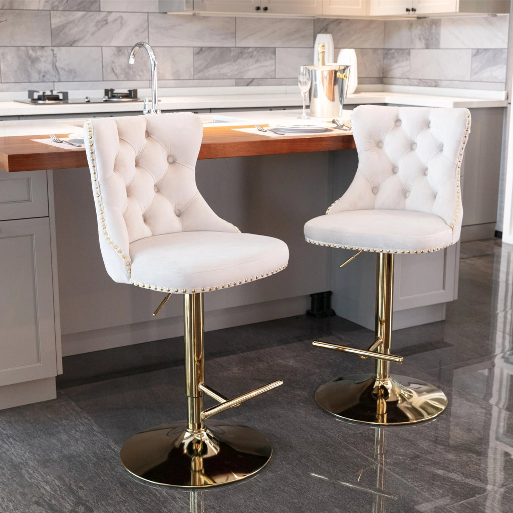 Set sgabelli da bar girevoli velluto beige ¨C Minimal ¨C base oro altezza regolabile 63,5-83,8 cm