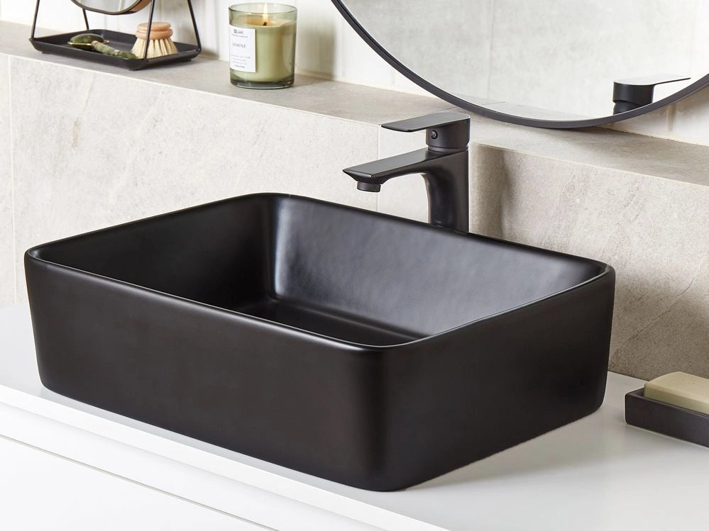 Lavabo da appoggio in ceramica nera lucida 490 x 380 mm Lavello da bagno rettangolare