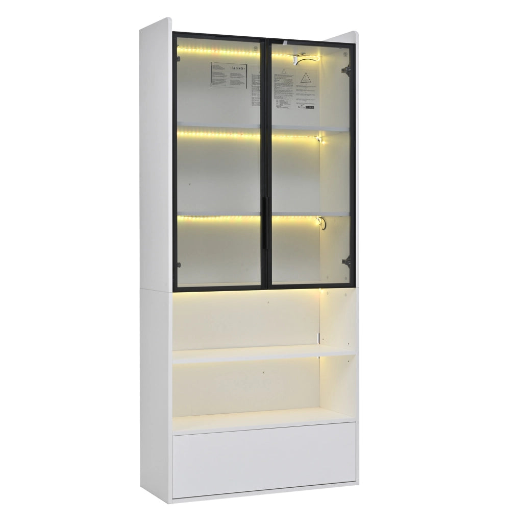 Vetrina alta 80x34x180 cm con 1 cassetto; ante in vetro e LED; bianco