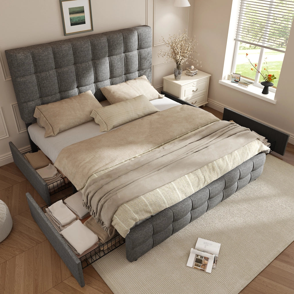 Letto matrimoniale in lino grigio 140x200 4 cassetti doghe testiera regolabile con materasso