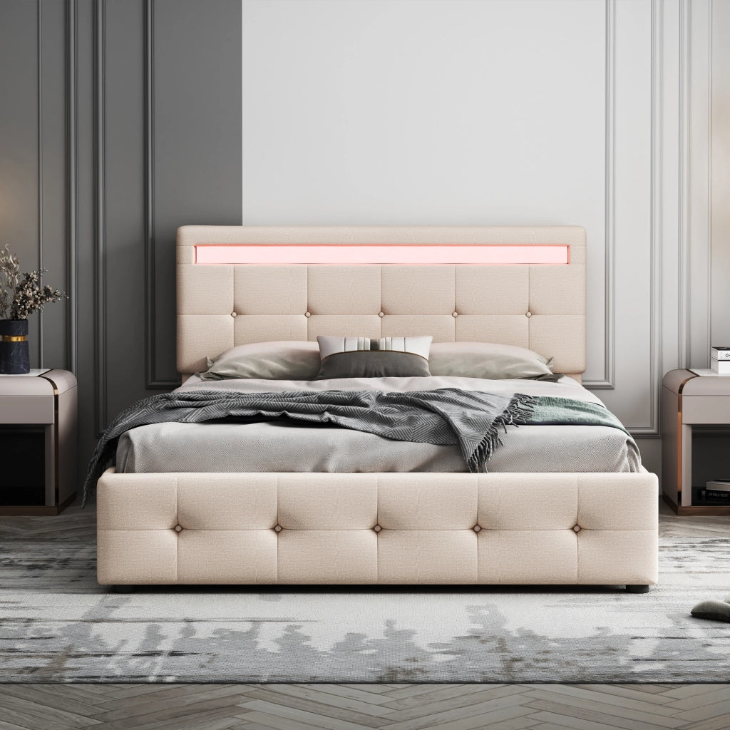 Letto Imbottito con LED, Contenitore e Testiera ¨C MINIMAL ¨C 140x200, Beige, 4 Cassetti