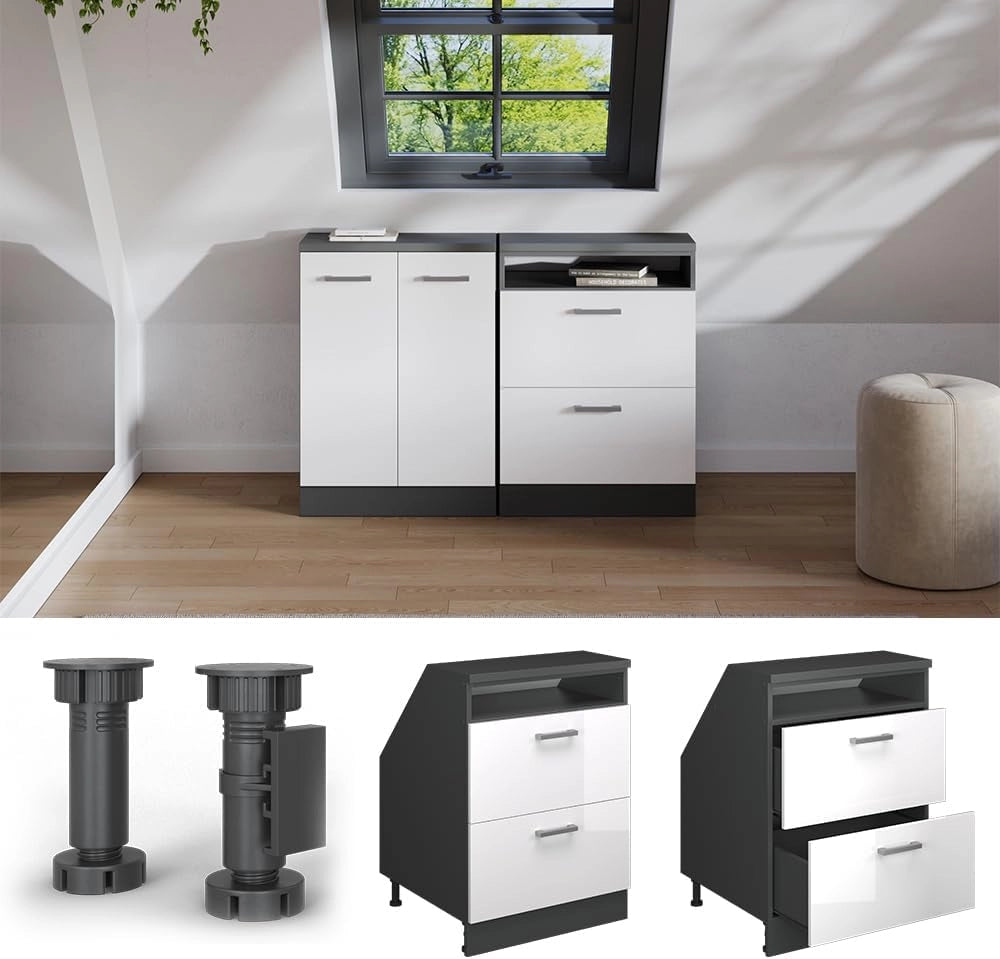 Mobile sottotetto Rion, Bianco lucido, 60 x 81.6 cm con 2 cassetti, carcassa 60 cm profondità, adatto per il salvaspazio sotto tetti spioventi