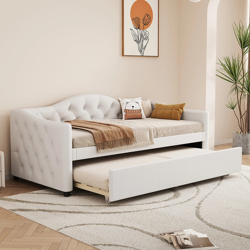 Letto a scomparsa 90x200 - Xylo - Beige in lino con divano letto e panca
