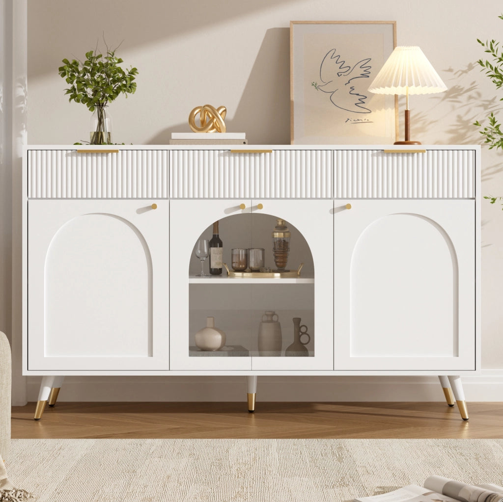Credenza con 4 ante e 3 cassetti; inserti in acrilico; 140x40x85;5 cm; bianca