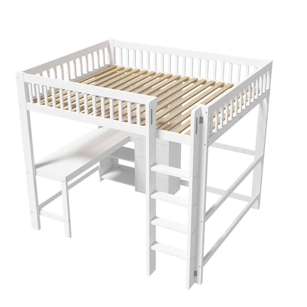 Letto a soppalco 140×200 cm con scrivania; 3 cassetti; ripiani e barriera di sicurezza; senza materasso; bianco
