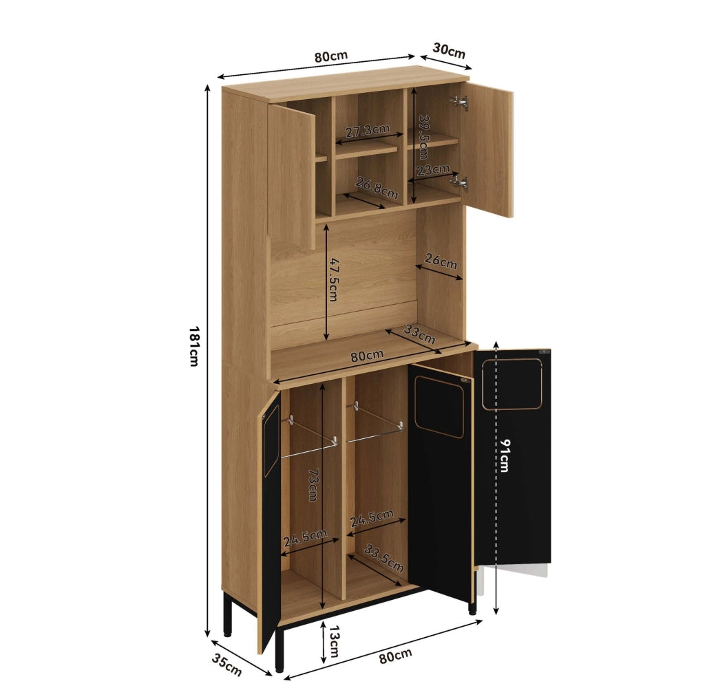 Mobile per raccolta differenziata 80x35x181 cm con 3 scomparti in MDF naturale