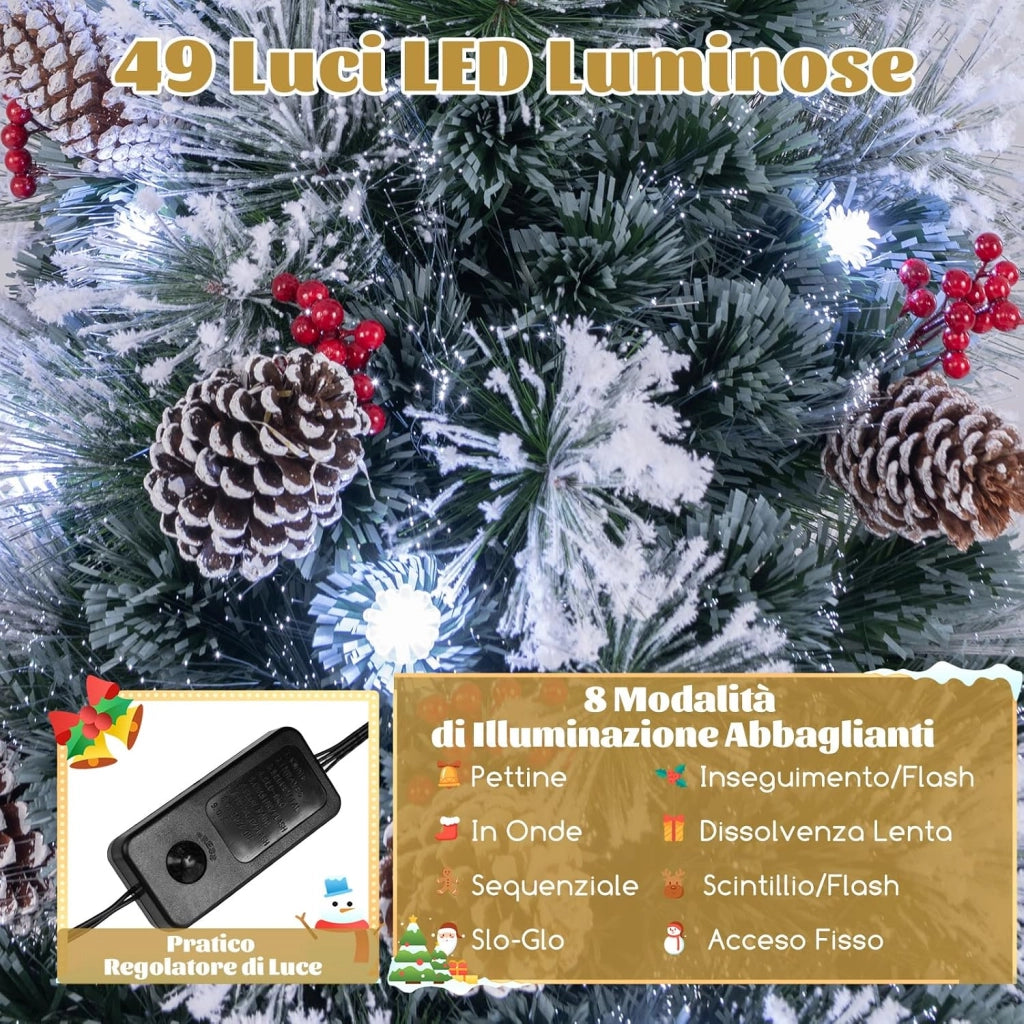 Albero di Natale Innevato 150/180 CM, con Fibra Ottica, 49/63 Luci LED, 8 Modalità di Illuminazione, 170/220 Punte di Rami, Ago di Pino, 18/24 Mazzi di Bacche Rosse e 18/24 Pigne (150 CM)