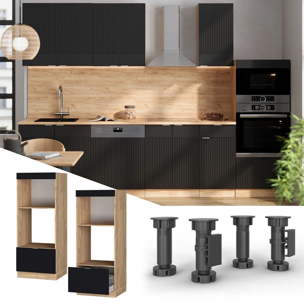 Mobile cucina microonde Fame-Line Nero rigato/Rovere dorato 60 cm aperto Vicco