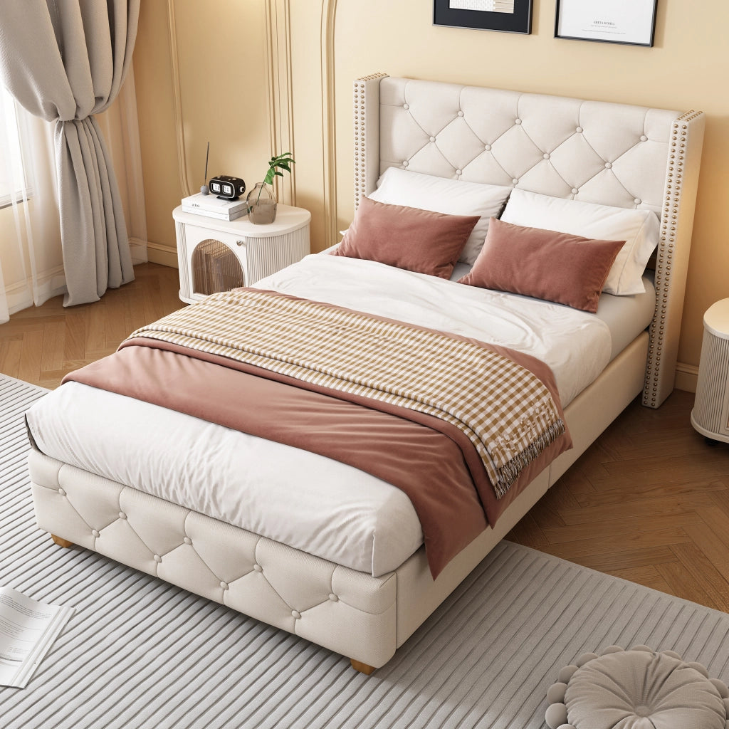 Letto Singolo 90 x 200 cm con Testiera Imbottita e Piedi in Legno; senza Materasso; Beige