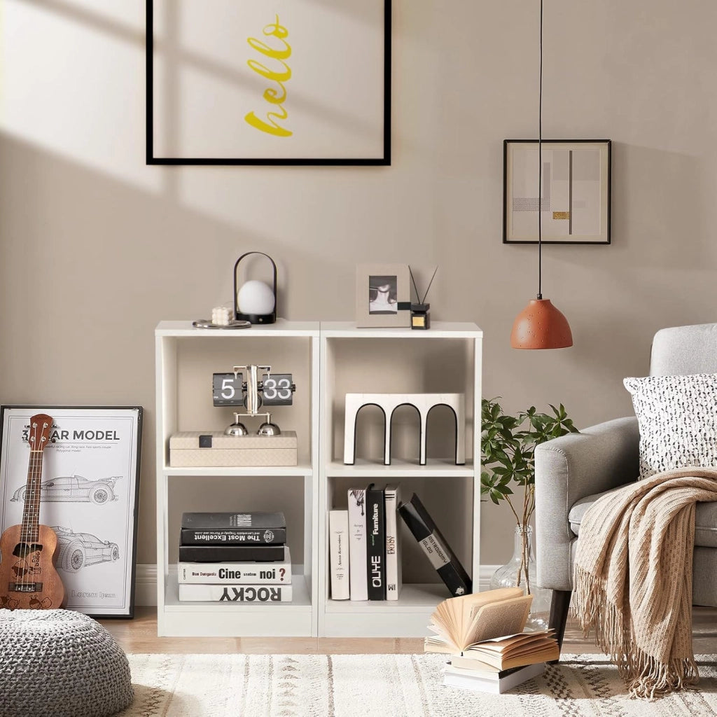 Set di 2 Scaffale Aperto, Libreria Scaffale a 2 Ripiani, Tavolino da Comodino, Supporto per CD Multifunzione per Soggiorno, 33x38,2x73 cm, Bianco