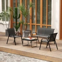 Set da Giardino con Divano 2 Posti, 2 Poltrone Impilabili e Tavolino in Vetro, Nero