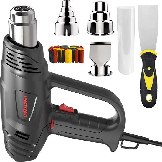 Pistola a getto di aria 2000 W con protezione contro sovraccaloramento - 2 impostazioni di flusso d'aria - 3 diffusori - raschiatore vernice - riscaldamento rapido - temperatura di funzionamento 50 °C - 650 °C