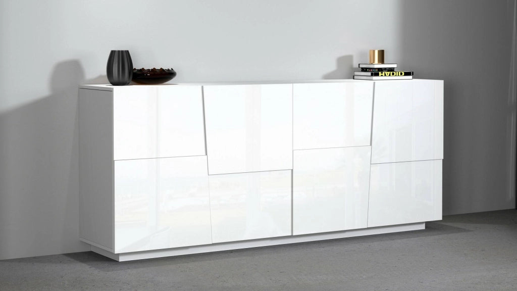 Credenza Arda, Buffet da soggiorno, Madia da salotto moderna con 4 ante, 200x44h86 cm, Bianco lucido