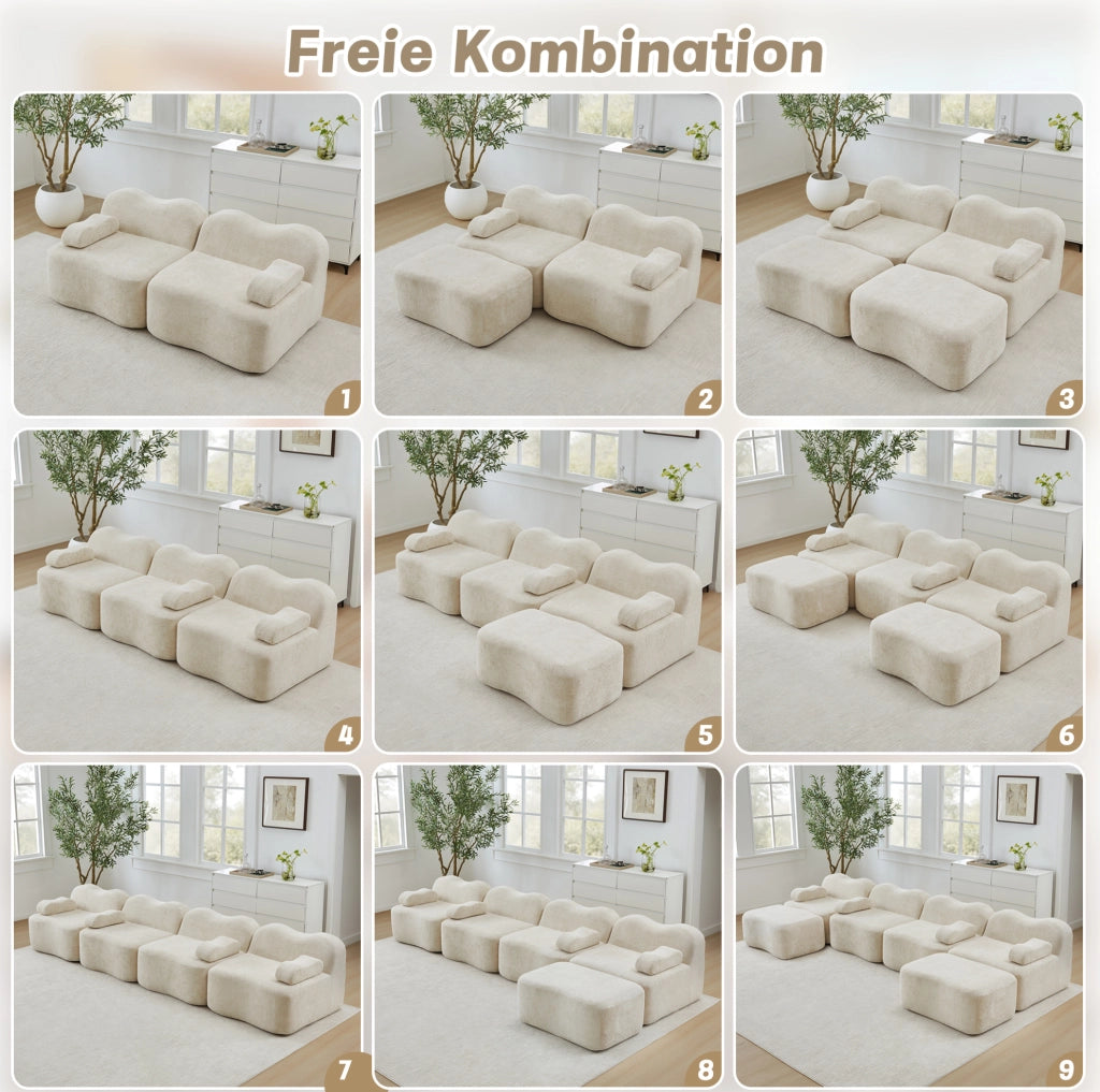 Divano angolare modulare 4 posti con pouf 384x167x70 cm in velluto beige