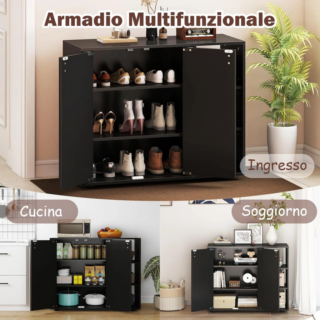 Mobiletto per Scarpe con Ante, Scaffale Porta Scarpe a 3 Ripiani con Mensole Regolabili, Organizzatore in Legno per Ingresso, Corridoio e Soggiorno, 80x31x64,5 cm (Nero)
