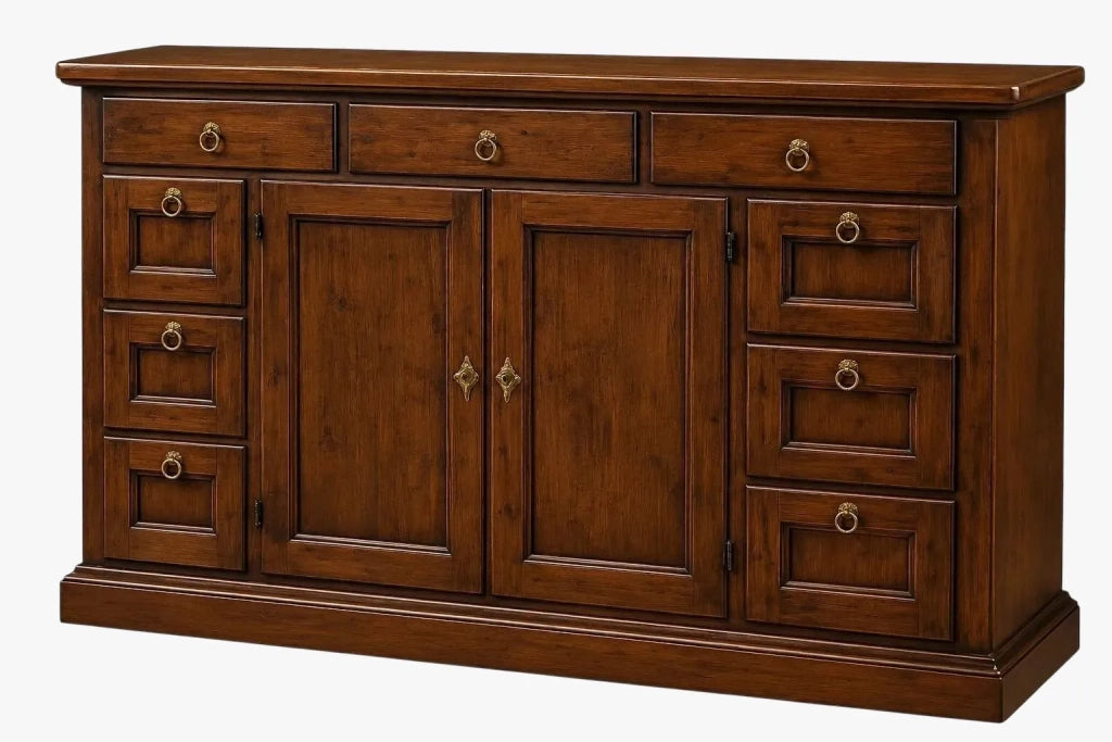 Madia credenza in legno massello tinta noce 2 ante 9 cassetti 160x45x95 cm - Mobili 2G
