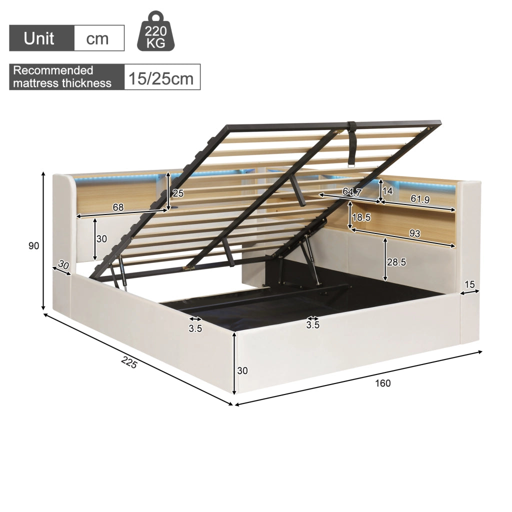 Letto contenitore 140x200 cm con sollevamento idraulico; LED; prese USB e rivestimento in velluto beige