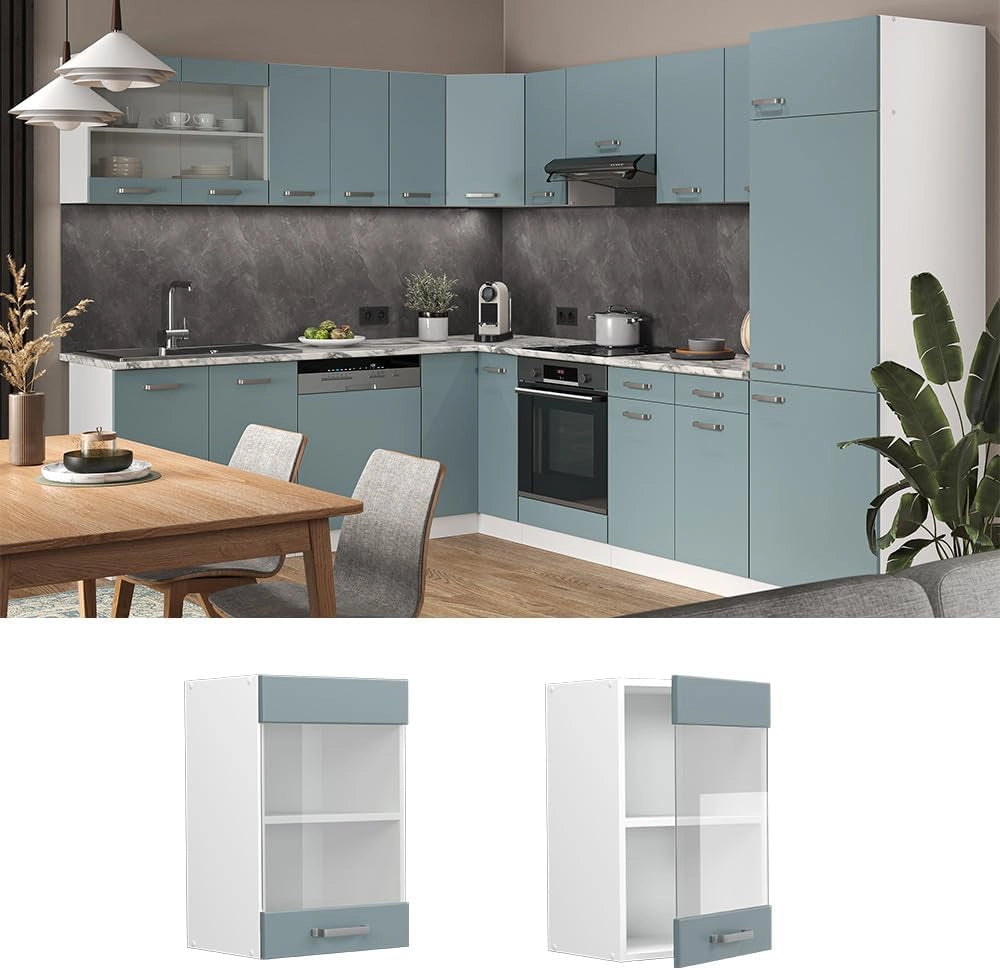 Mobile da cucina in vetro R-Line, Grigio-blu, 40 cm, per la libera combinazione all'interno di sistemi cucina modulari