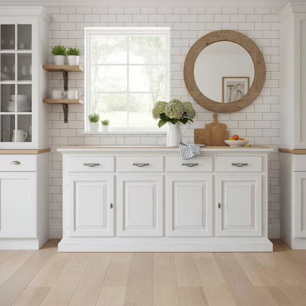 Madia credenza shabby chic in legno massello 4 porte bianco consumato l.222 p.51 h.105 - Mobili 2G