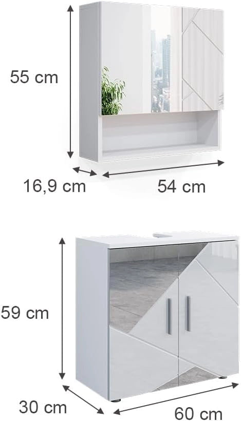 Set mobili bagno Irma, Bianco lucido con inserti, 80 cm, composto da specchio da bagno e mobile sottolavabo